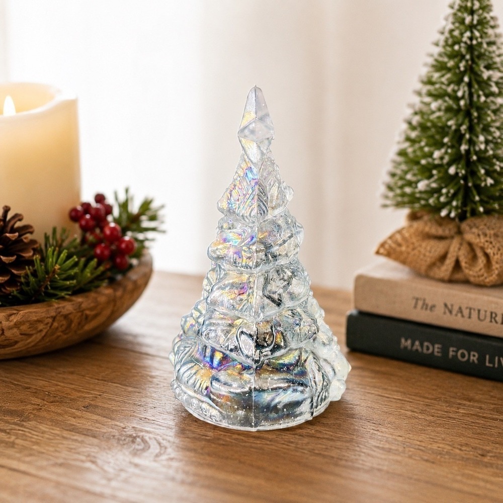 Iridescent Clear Glass Christmas Tree Figurine Holiday Tabletop Decor